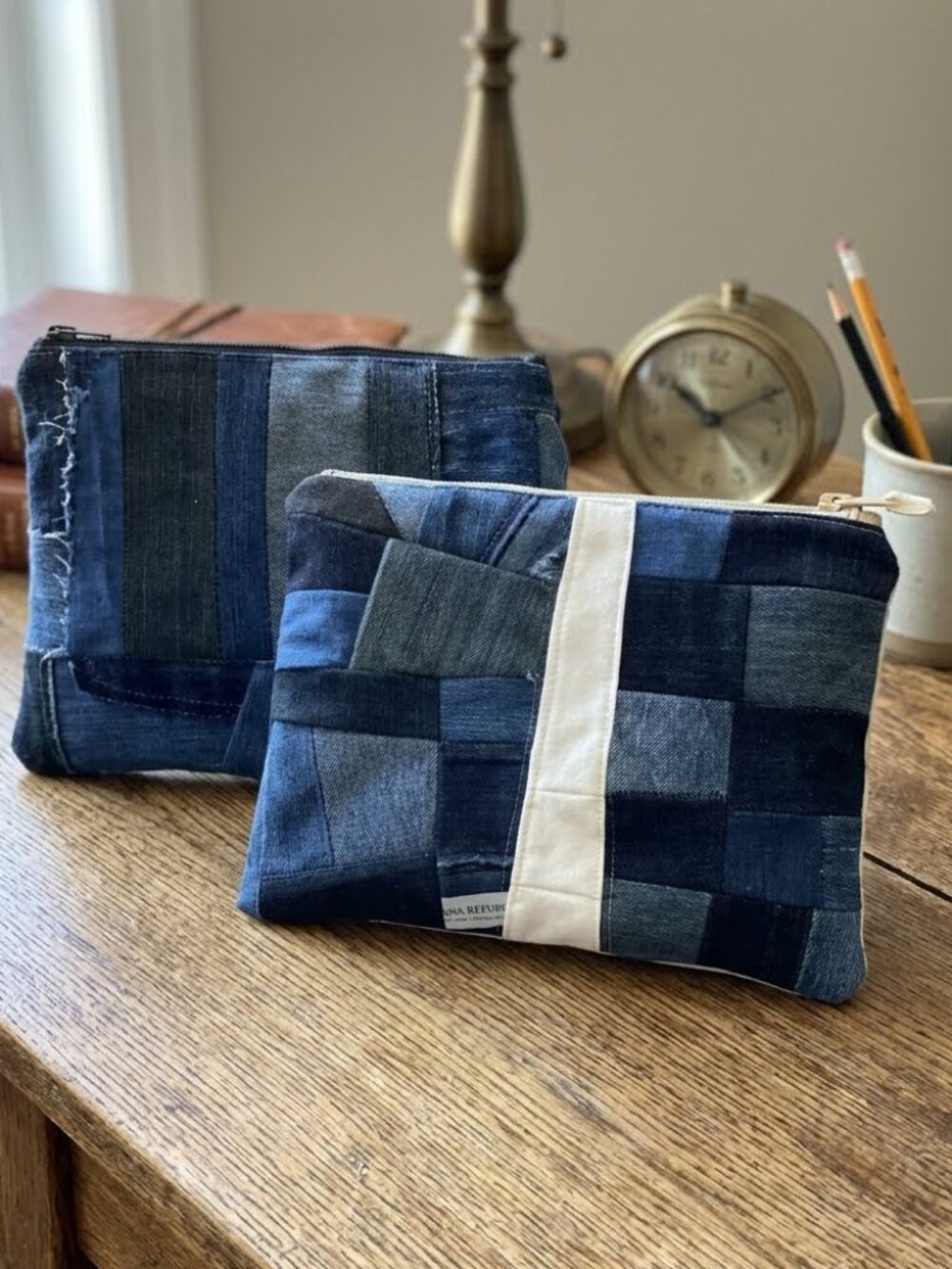 2 Handmade Denim Patchwork Zipper Pouches Upcycled Jeans Storage Make-up Bag